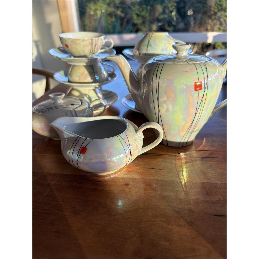 Wawel Poland Mid Century Iridescent Tea Set Teapot Cups Saucers‎ 15pc